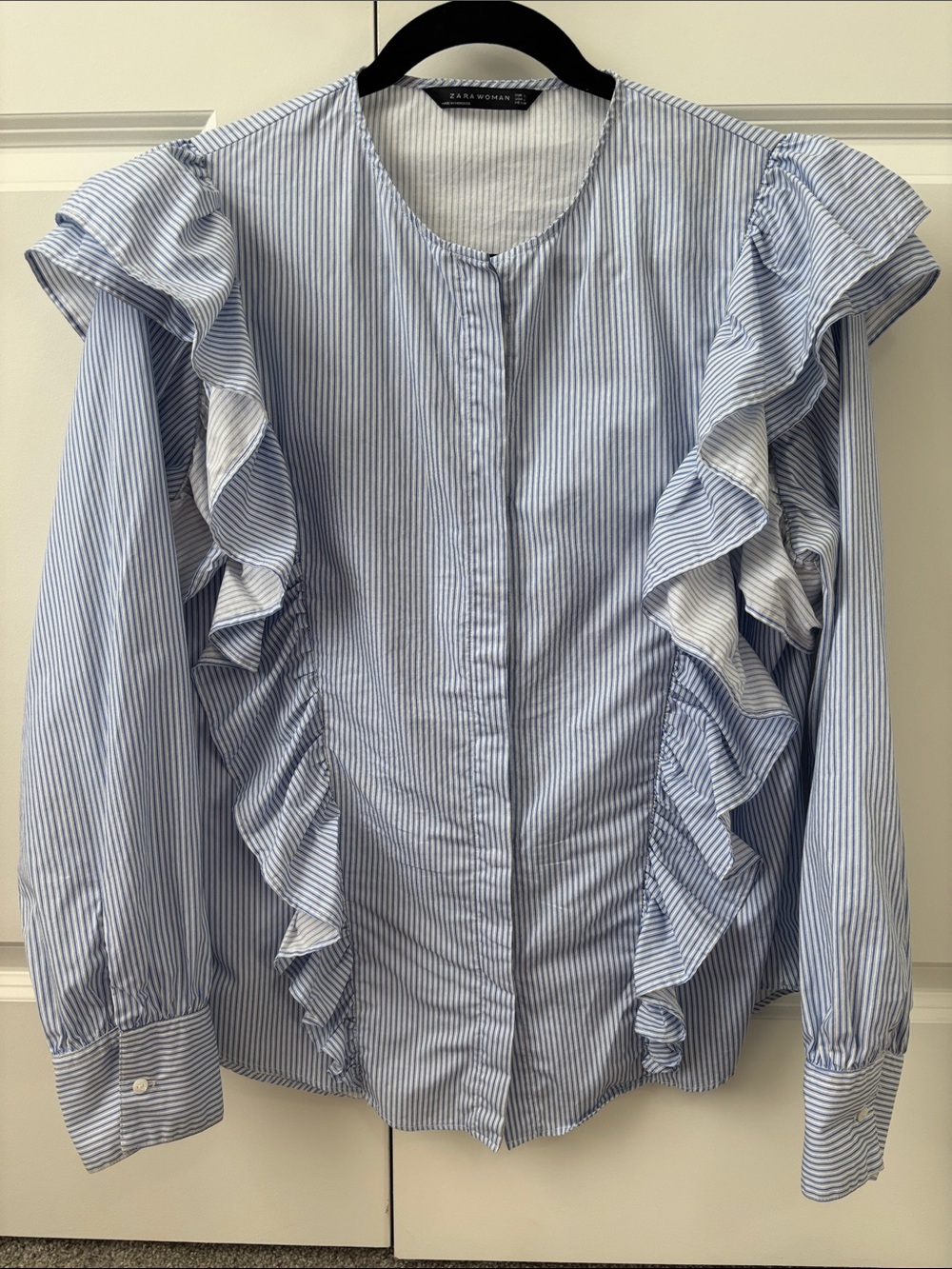 Zara Light Blue & White Striped Ruffle Blouse 100% Cotton
